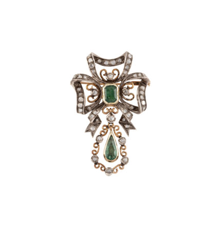 Brosa victoriana din aur de 18k si argint cu smaralde si diamante naturale