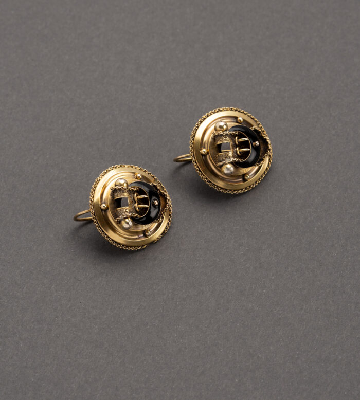 Cercei vintage din aur de 14k si email negru