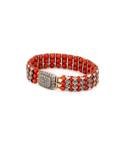 Bratara vintage din argint cu aur de 14k, coral si diamante naturale