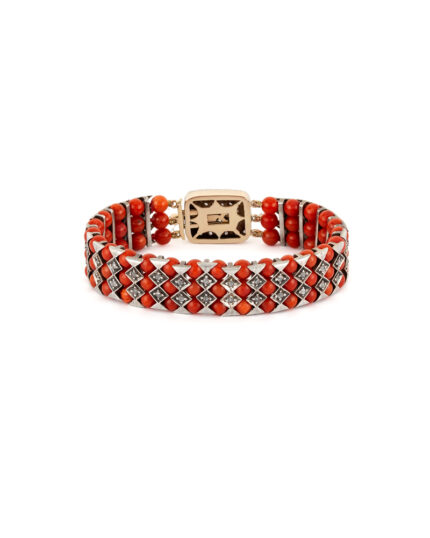 Bratara vintage din argint cu aur de 14k, coral si diamante naturale