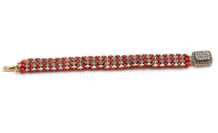 Bratara vintage din argint cu aur de 14k, coral si diamante naturale