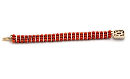 Bratara vintage din argint cu aur de 14k, coral si diamante naturale