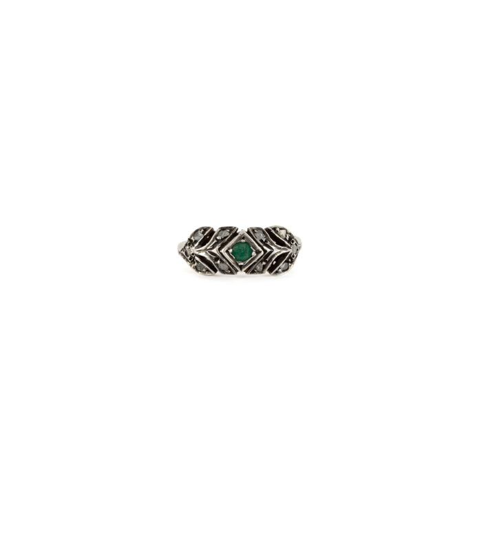 Inel vintage din aur de 12k si argint cu smarald si diamante naturale