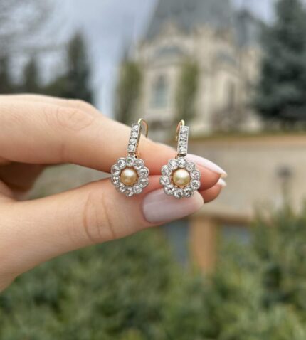 Cercei autentici Art Deco din aur de 18k cu perle si diamante naturale