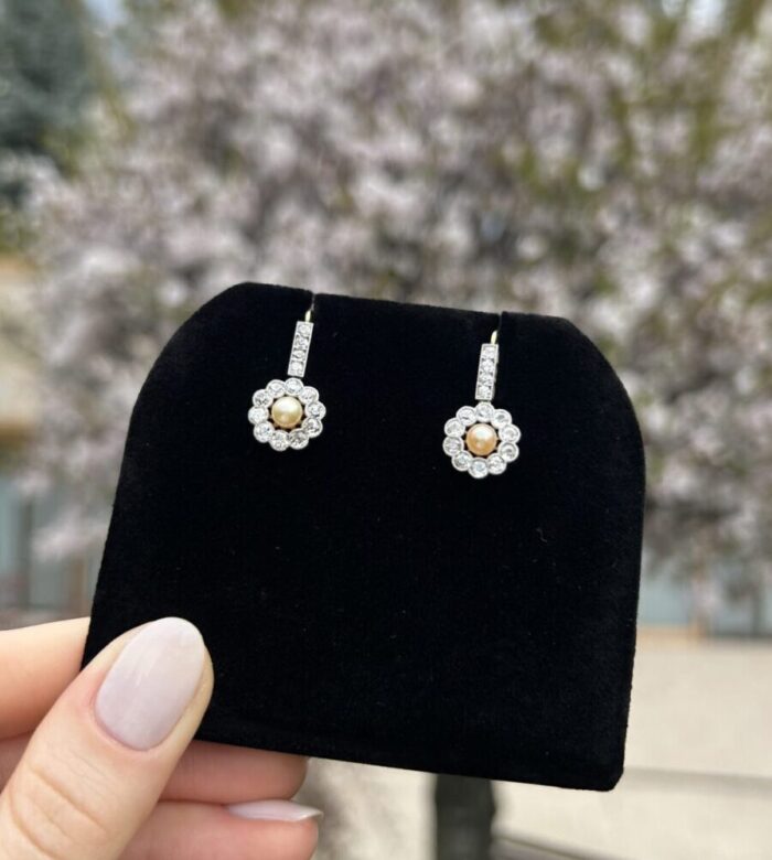 Cercei autentici Art Deco din aur de 18k cu perle si diamante naturale