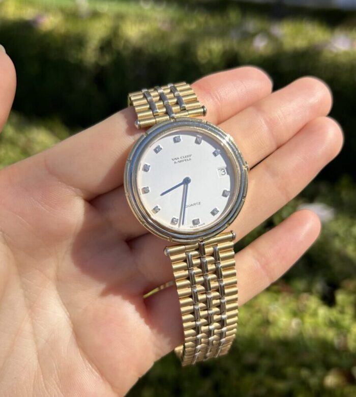 Ceas original Van Cleef & Arpels din aur alb si galben de 18k cu diamante naturale