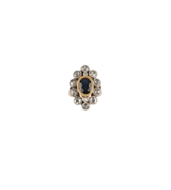 Inel vintage din aur de 12k si argint cu safir si diamante naturale