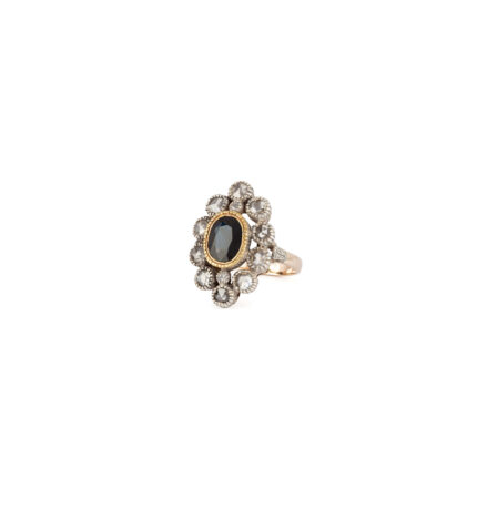 Inel vintage din aur de 12k si argint cu safir si diamante naturale