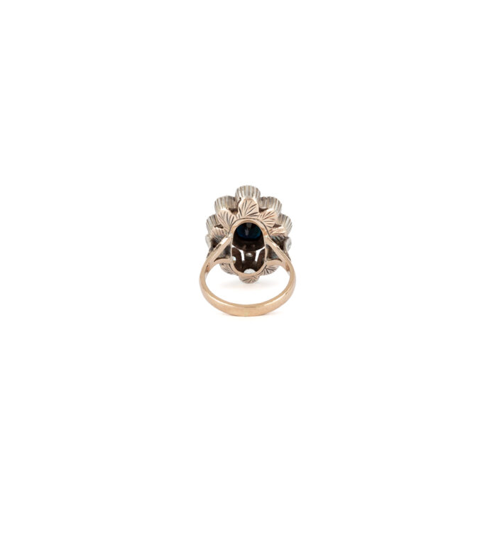 Inel vintage din aur de 12k si argint cu safir si diamante naturale