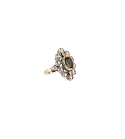 Inel vintage din aur de 12k si argint cu safir si diamante naturale