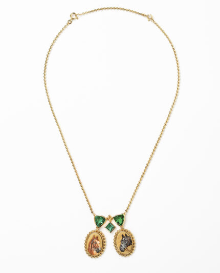 Colier vintage din aur de 14k cu pictura in email si turmalina verde