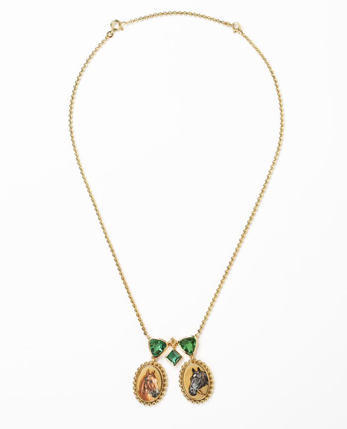 Colier vintage din aur de 14k cu pictura in email si turmalina verde