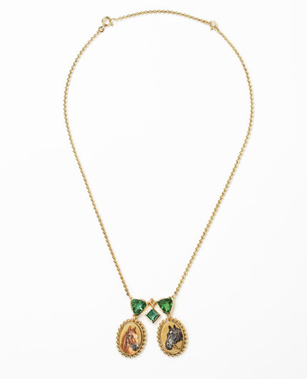 Colier vintage din aur de 14k cu pictura in email si turmalina verde