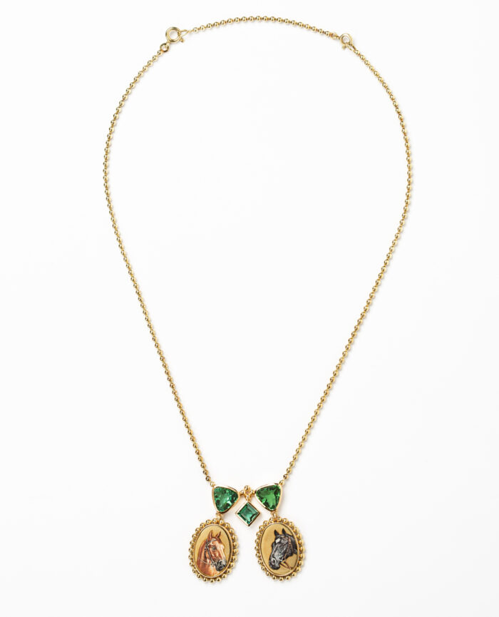 Colier vintage din aur de 14k cu pictura in email si turmalina verde