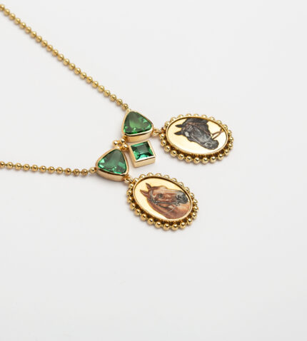 Colier vintage din aur de 14k cu pictura in email si turmalina verde
