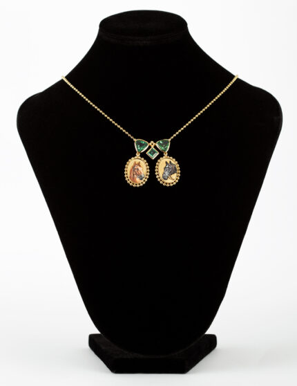 Colier vintage din aur de 14k cu pictura in email si turmalina verde
