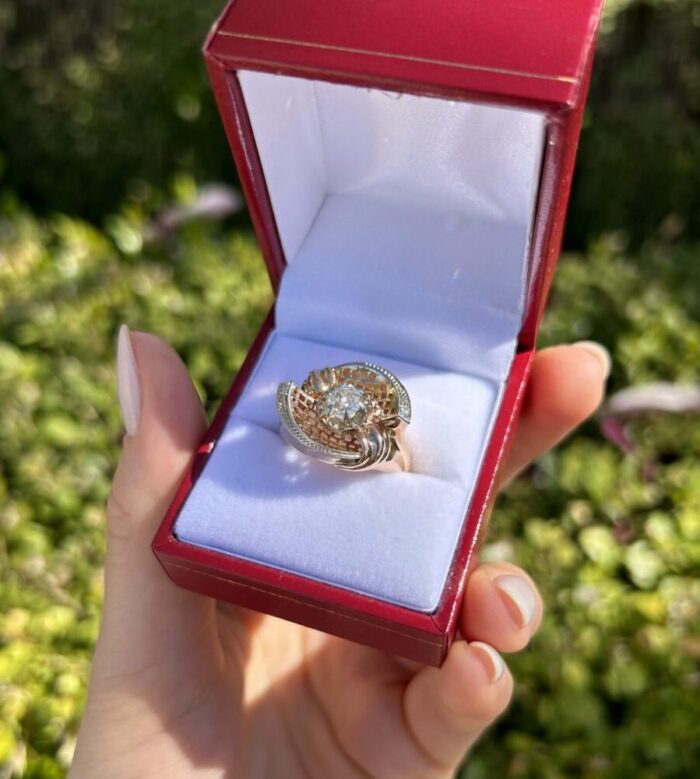 Inel vintage din aur roz de 18k si platina cu diamante naturale