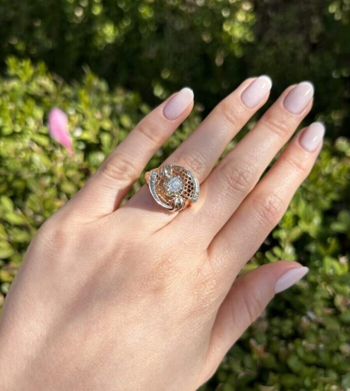 Inel vintage din aur roz de 18k si platina cu diamante naturale