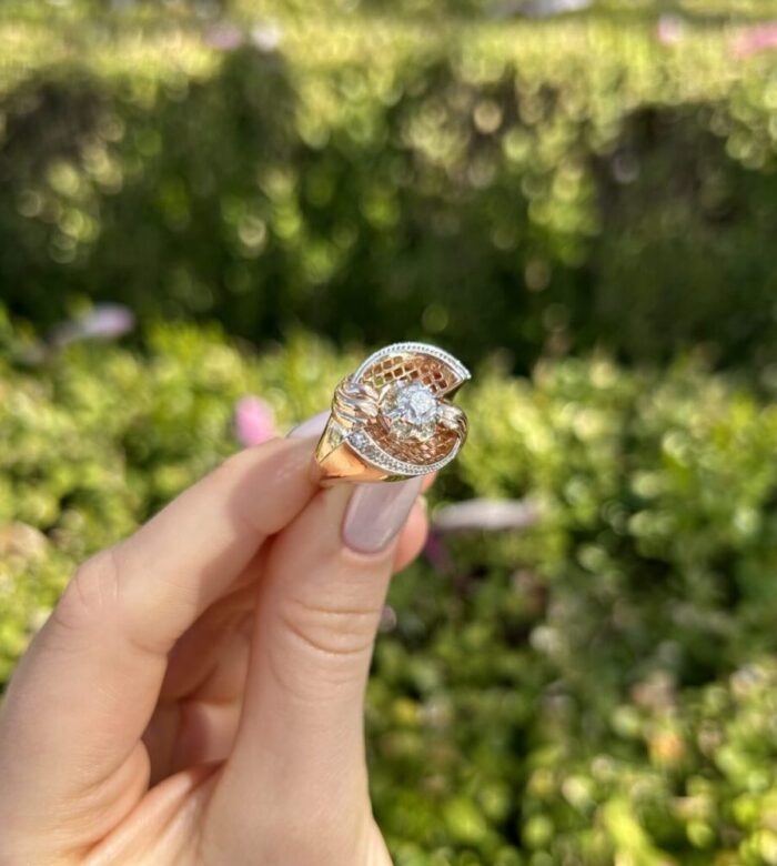 Inel vintage din aur roz de 18k si platina cu diamante naturale