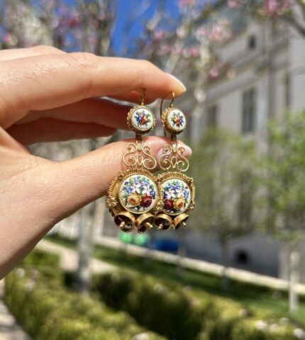 Cercei vintage 2 in 1 anii 1800 din aur de 18k cu micromozaic venetian