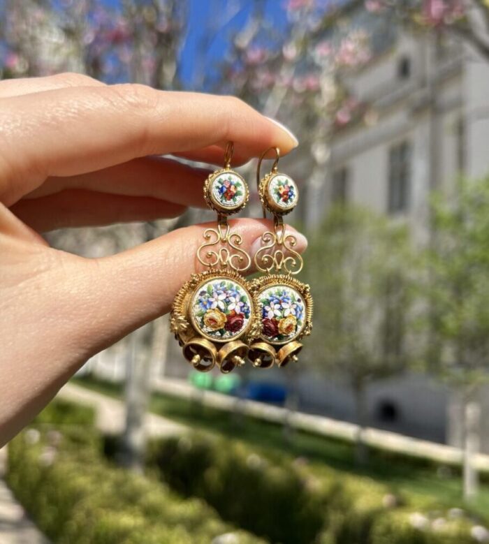 Cercei vintage 2 in 1 anii 1800 din aur de 18k cu micromozaic venetian