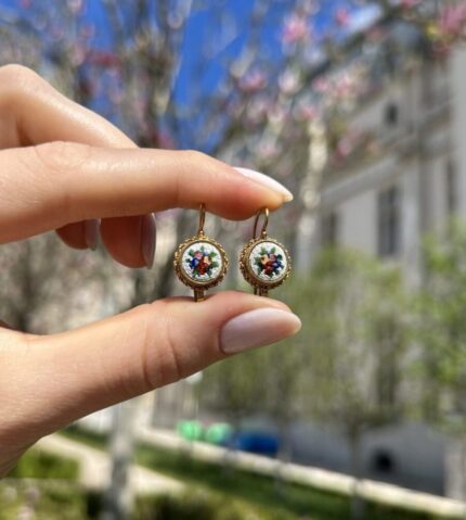 Cercei vintage 2 in 1 anii 1800 din aur de 18k cu micromozaic venetian