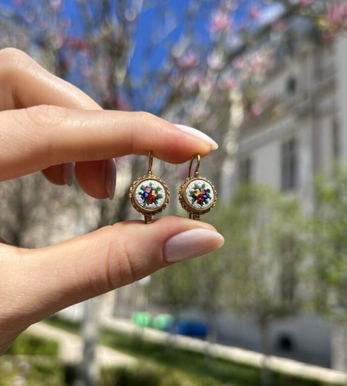Cercei vintage 2 in 1 anii 1800 din aur de 18k cu micromozaic venetian