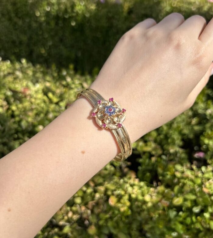 Bratara vintage din aur de 18k cu safire si rubine naturale