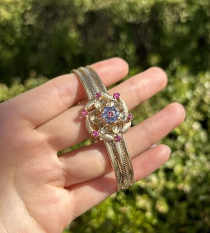 Bratara vintage din aur de 18k cu safire si rubine naturale