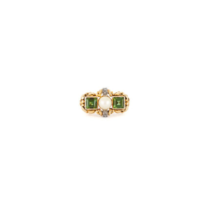 Inel Art Deco din aur de 14k cu turmalina verde, perla si diamante naturale