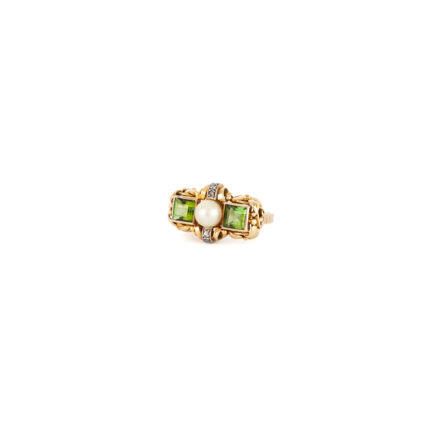 Inel Art Deco din aur de 14k cu turmalina verde, perla si diamante naturale