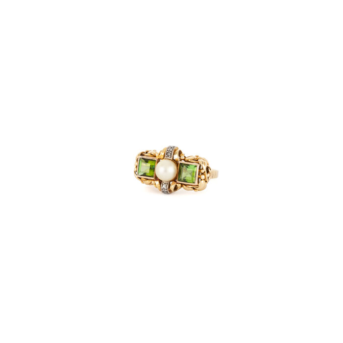 Inel Art Deco din aur de 14k cu turmalina verde, perla si diamante naturale