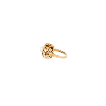 Inel Art Deco din aur de 14k cu turmalina verde, perla si diamante naturale