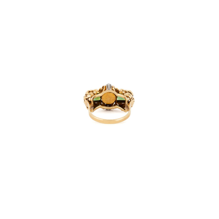Inel Art Deco din aur de 14k cu turmalina verde, perla si diamante naturale