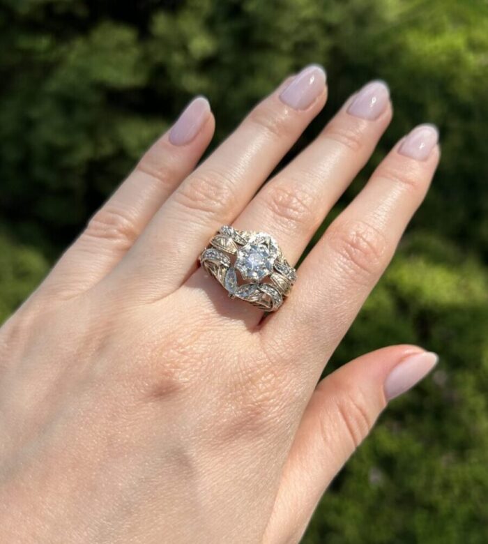 Inel Art Deco din aur de 18k si platina cu diamante naturale