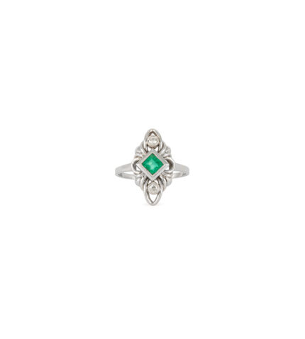 Inel Art Deco din aur alb de 18k cu smarald si diamante naturale