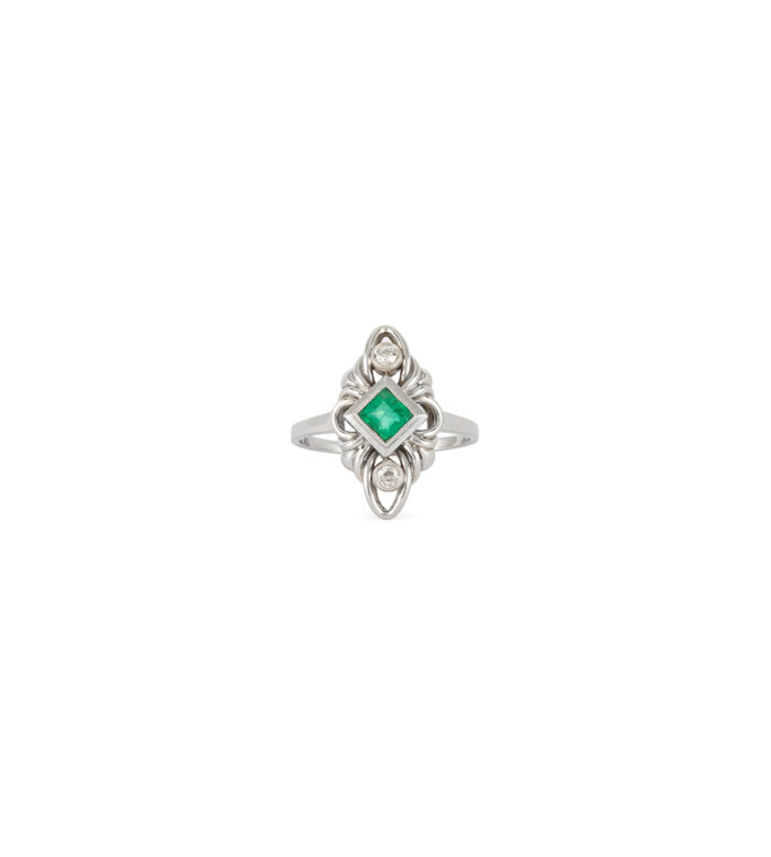 Inel Art Deco din aur alb de 18k cu smarald si diamante naturale