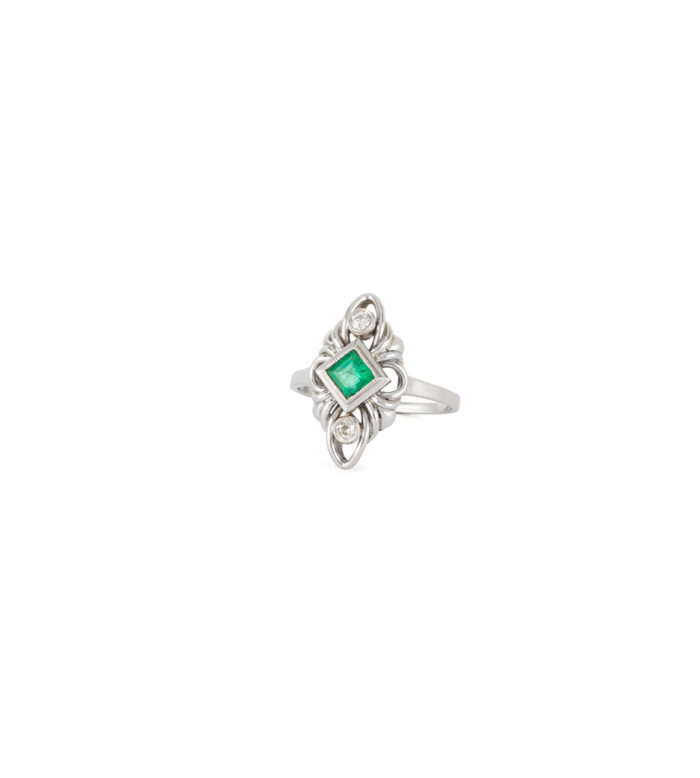 Inel Art Deco din aur alb de 18k cu smarald si diamante naturale