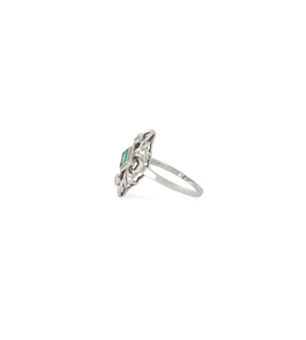 Inel Art Deco din aur alb de 18k cu smarald si diamante naturale