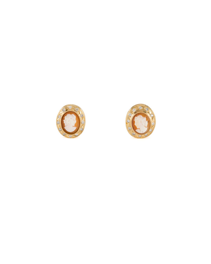Cercei vintage din aur de 18k cu diamante naturale si camei sculptate