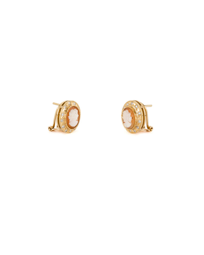 Cercei vintage din aur de 18k cu diamante naturale si camei sculptate