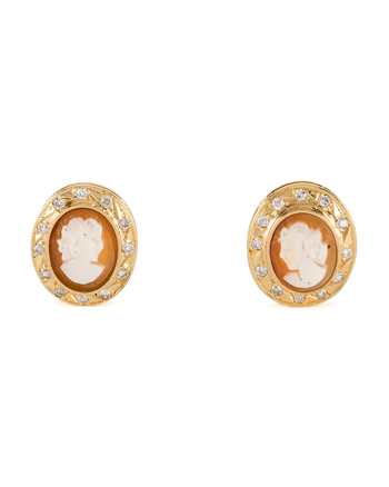 Cercei vintage din aur de 18k cu diamante naturale si camei sculptate