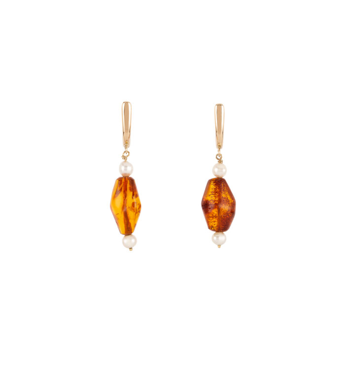 Cercei lungi vintage din aur de 14k cu chihlimbar si perlute naturale