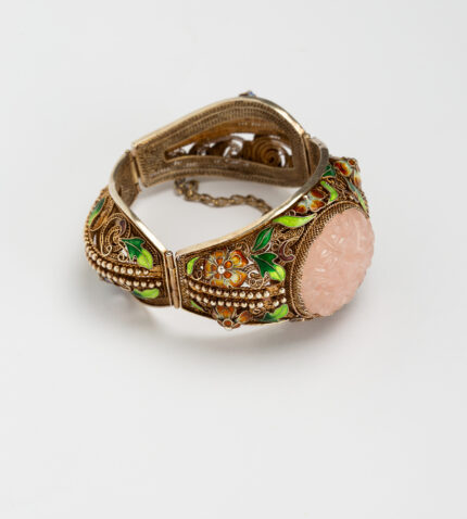 Bratara vintage din argint aurit cu email si cuart roz natural