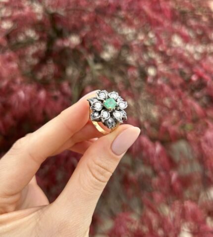 Inel vintage din aur de 18k si argint cu smarald si diamante naturale