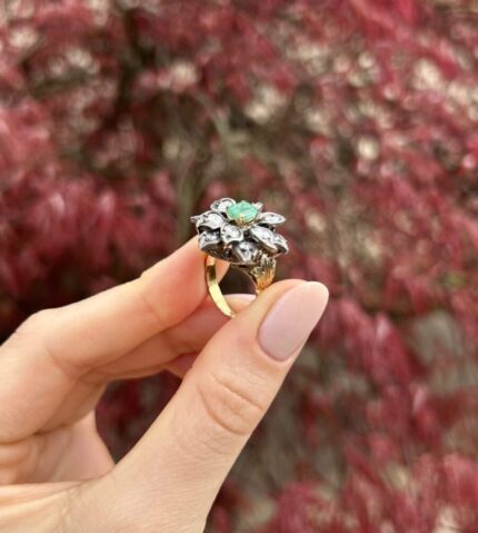 Inel vintage din aur de 18k si argint cu smarald si diamante naturale