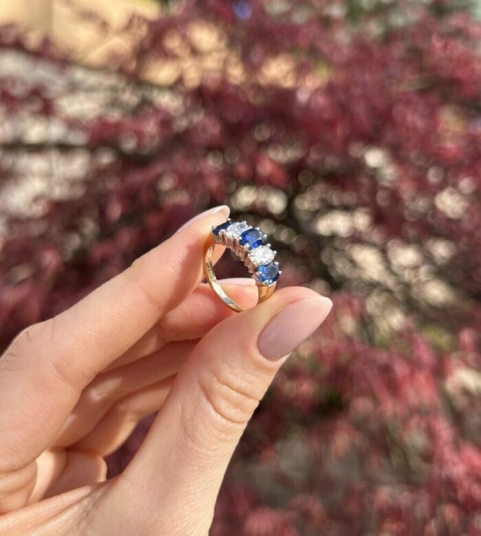 Inel vintage din aur de 14k cu safire si diamante naturale