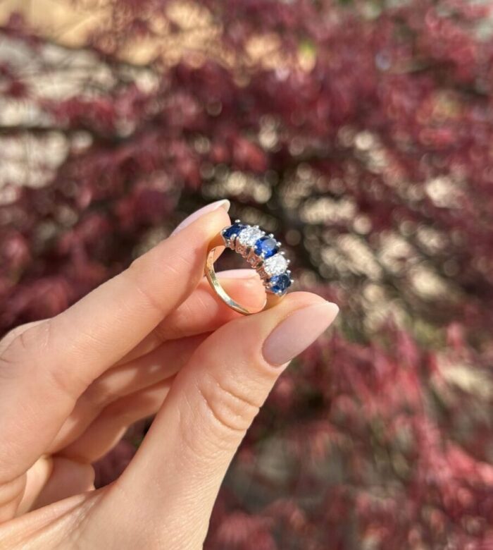 Inel vintage din aur de 14k cu safire si diamante naturale