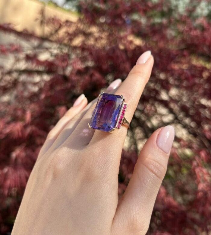 Inel Art Deco din aur de 18k cu ametist si rubine naturale