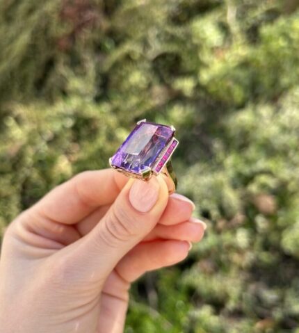 Inel Art Deco din aur de 18k cu ametist si rubine naturale